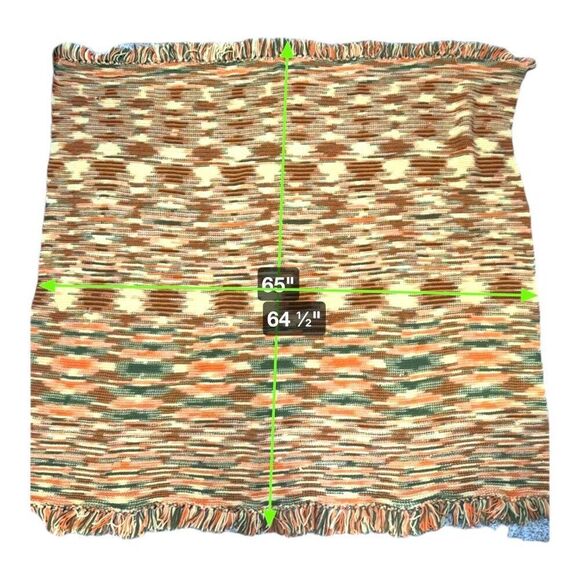 Vintage Afghan Knit Blanket With Fringe 65" Cozy Retro Throw Peach Green Croche - Picture 4 of 4